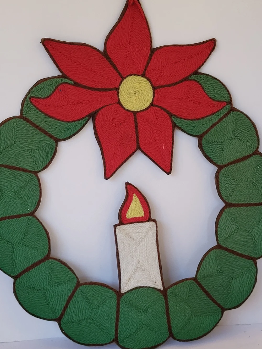 1970s Vintage Huichol Style Mexican Christmas Yarn Poinsettia & Candle Wreath